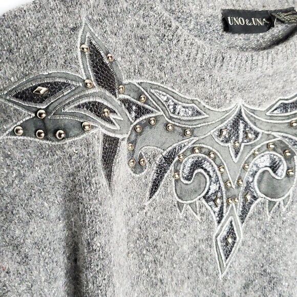 Vintage 80s Angora Silk Pullover Sweater M Faux Leather Leaf Flame Applique Gray - Picture 3 of 6